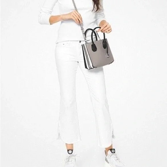 Michael Kors satchel/crossbody gray with black handles and white accordion sides - Picture 2 of 9